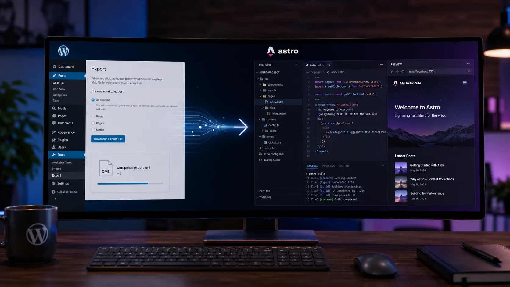 WordPress logo transitioning to Astro logo with migration arrows