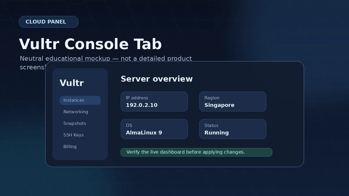 Vultr dashboard showing the Console tab on a server detail page