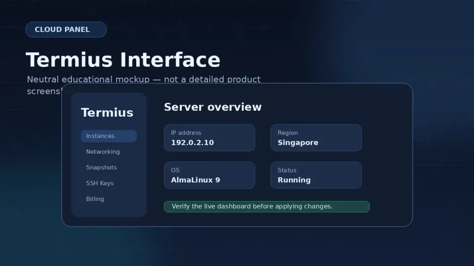 Termius SSH client interface showing saved server connections in the sidebar and an active terminal session