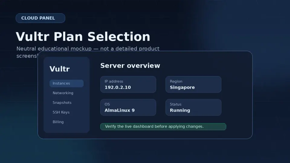 Vultr plan selection interface showing $6, $12, and $24 monthly plans with RAM, CPU, and storage specs highlighted