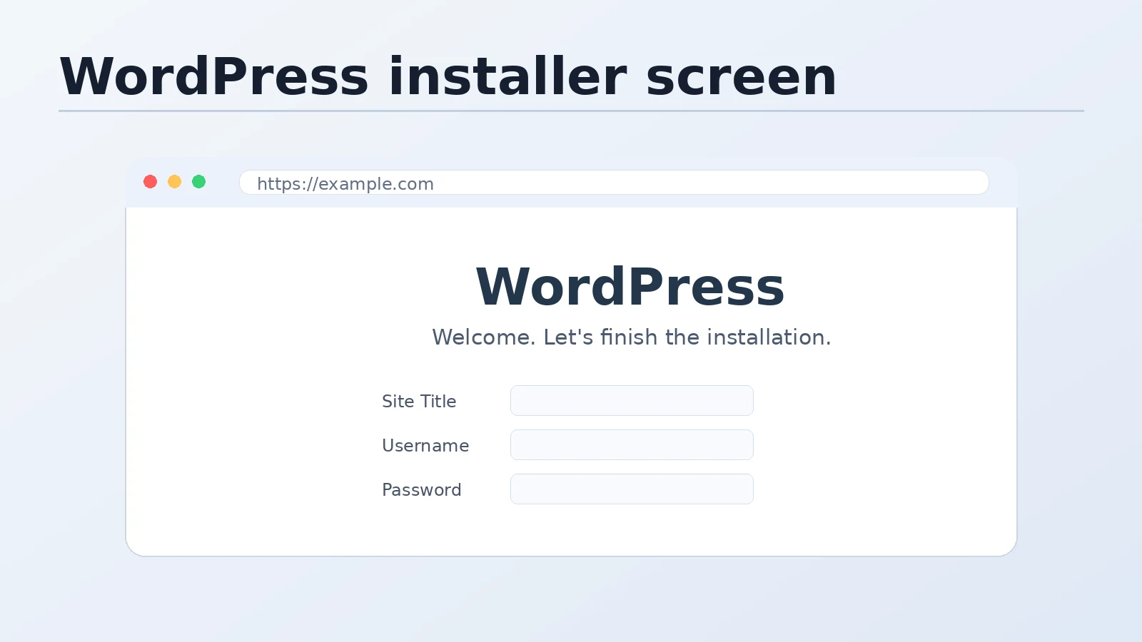 WordPress installation form showing site title, username, password, and email fields