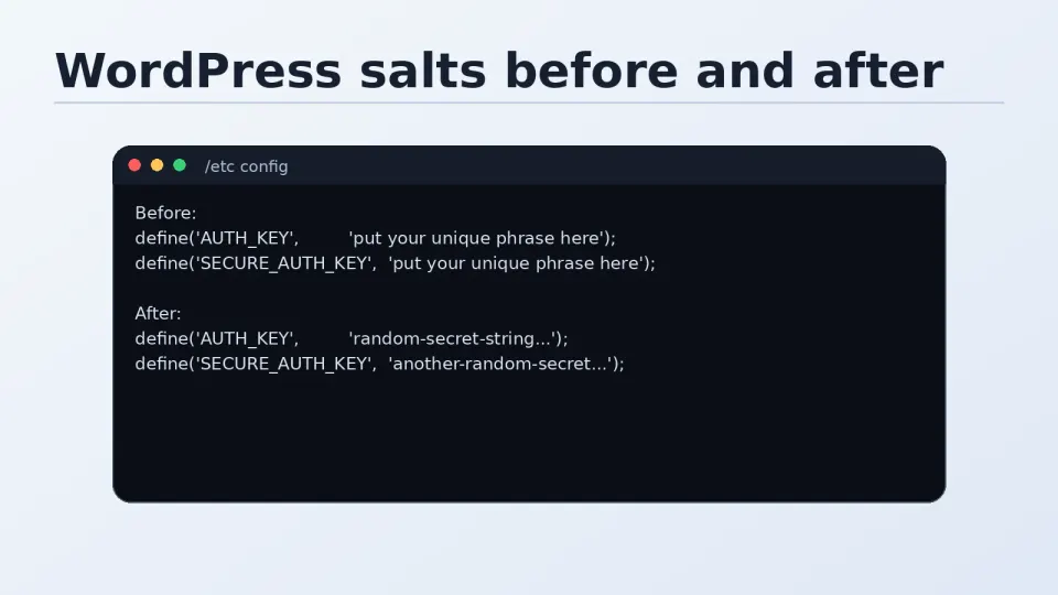 wp-config.php showing the placeholder salt section replaced with real generated keys from the WordPress API