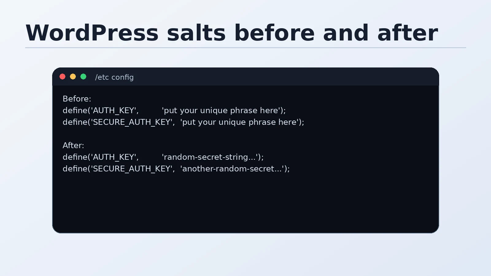 wp-config.php showing the placeholder salt section replaced with real generated keys from the WordPress API