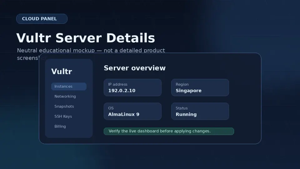 Vultr server overview page showing the IP address, location, and server status — with IP address highlighted
