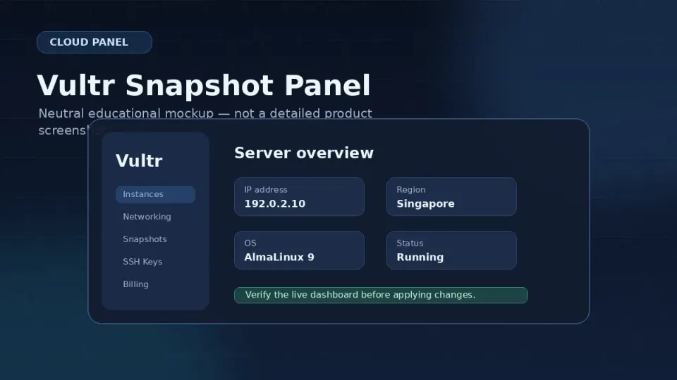 Vultr control panel showing the Snapshots section with a 'Take Snapshot' button and a list of existing snapshots with timestamps