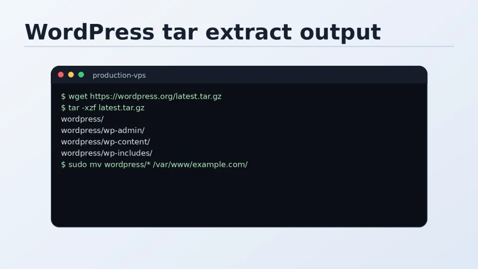 Terminal showing tar extraction output — WordPress filenames scrolling as they extract