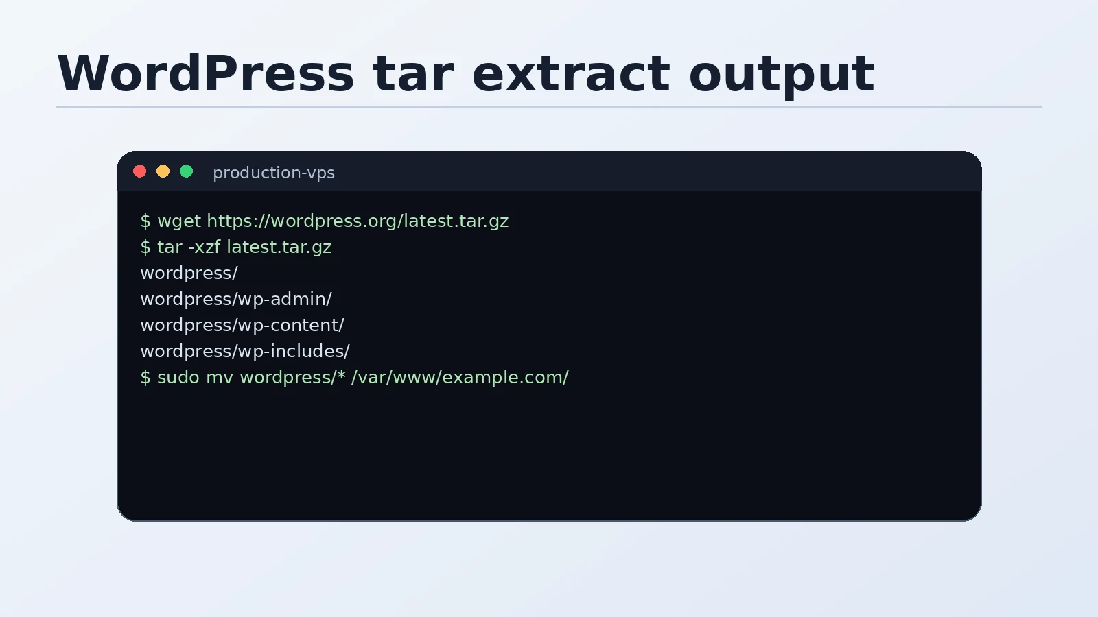 Terminal showing tar extraction output — WordPress filenames scrolling as they extract