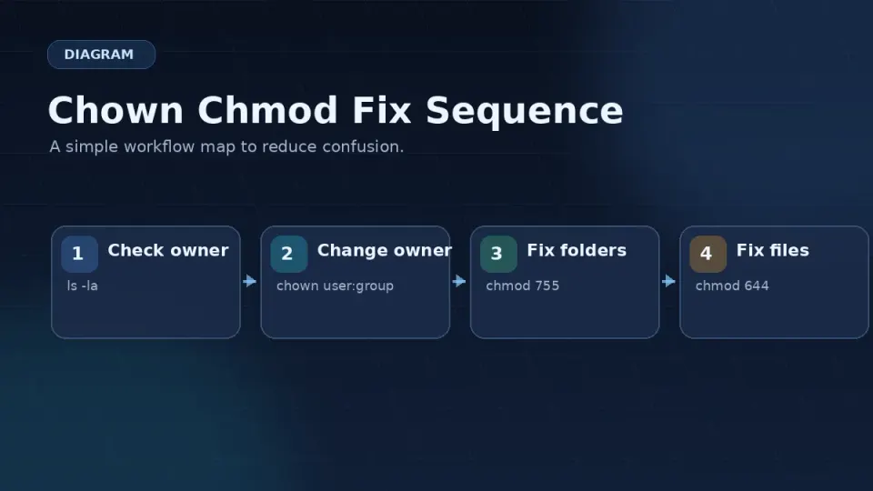 Terminal showing chown command followed by find+chmod commands, then ls -la output showing corrected ownership and permissions