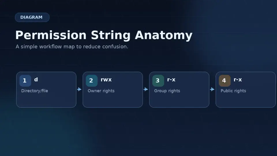 Permission string rwxr-xr-x broken into four sections: file type, owner permissions, group permissions, others permissions — each letter labeled