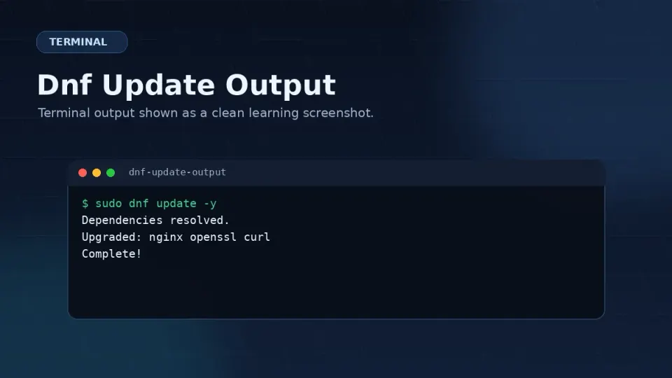 Terminal showing dnf update output — package names scrolling, 'Complete!' at the bottom