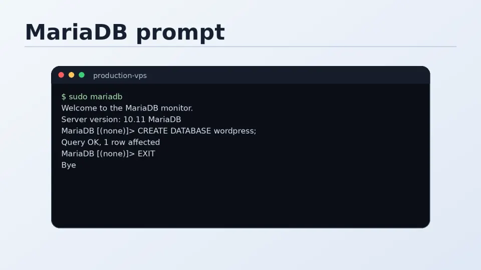 Terminal showing the MariaDB prompt — MariaDB [(none)]> with cursor
