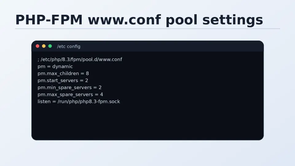 nano editor showing www.conf with user=nginx, group=nginx, and listen socket path highlighted