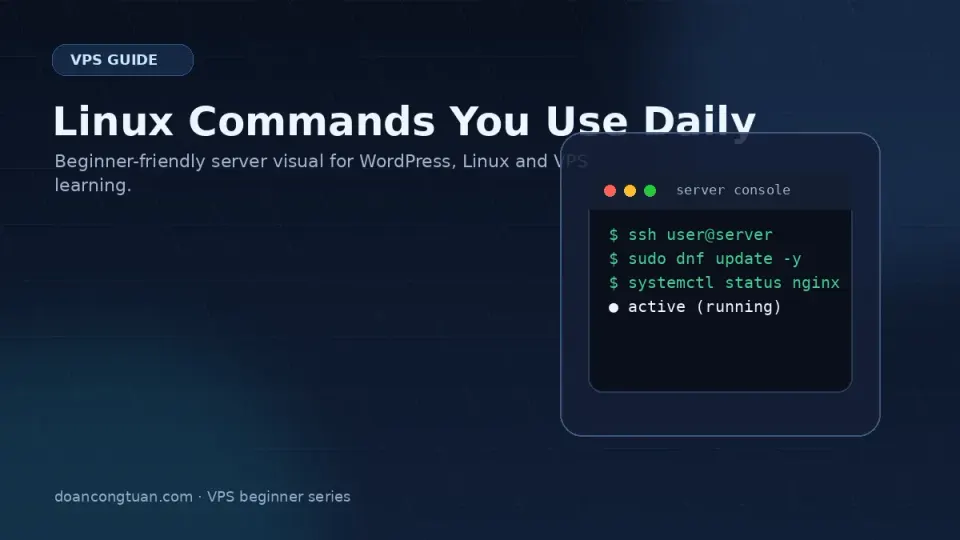 Terminal showing a list of common Linux commands with clean output