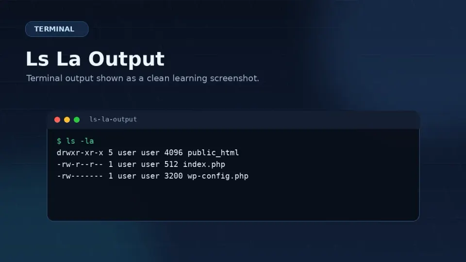 Terminal showing ls -la output with file permissions, sizes, dates, and filenames including hidden files