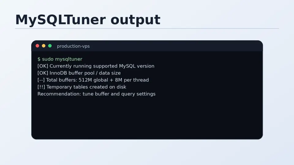 Terminal showing mysqltuner output with recommendations for innodb_buffer_pool_size and other MariaDB variables