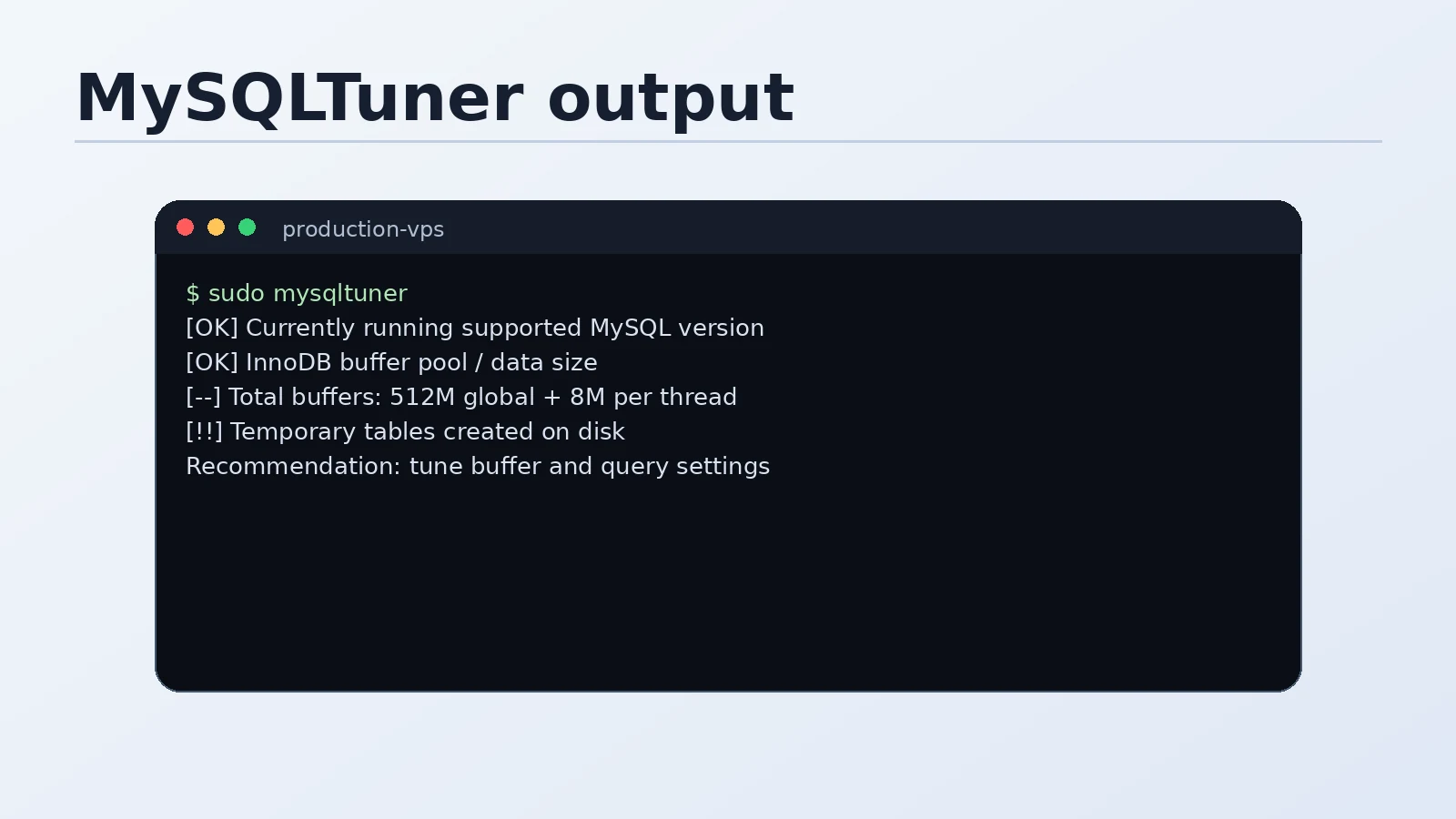 Terminal showing mysqltuner output with recommendations for innodb_buffer_pool_size and other MariaDB variables