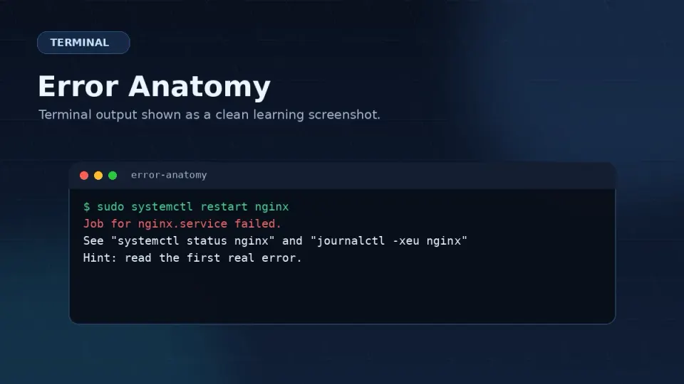 Annotated terminal error message with arrows pointing to: service name, severity level, error description, file path, and line number