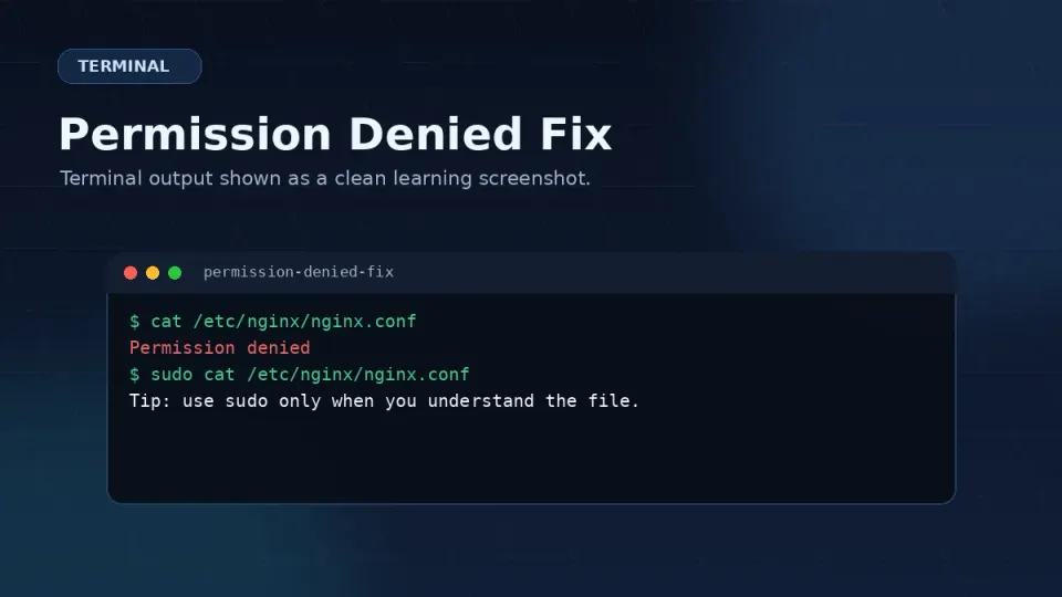 Terminal showing ls -la output with wrong file ownership, then chown command, then ls -la showing corrected ownership