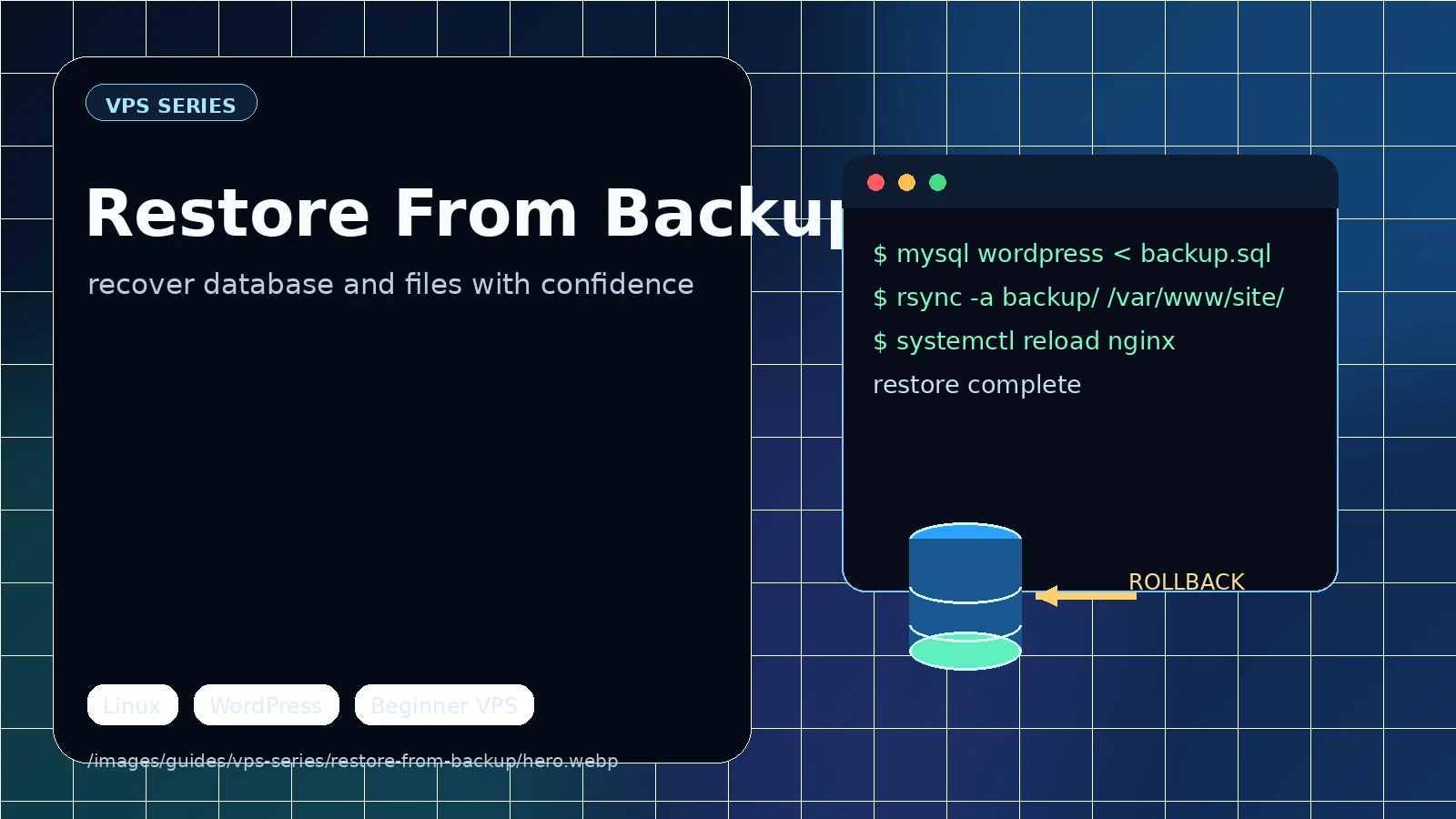Terminal showing mysql restore command importing a SQL backup file into MariaDB