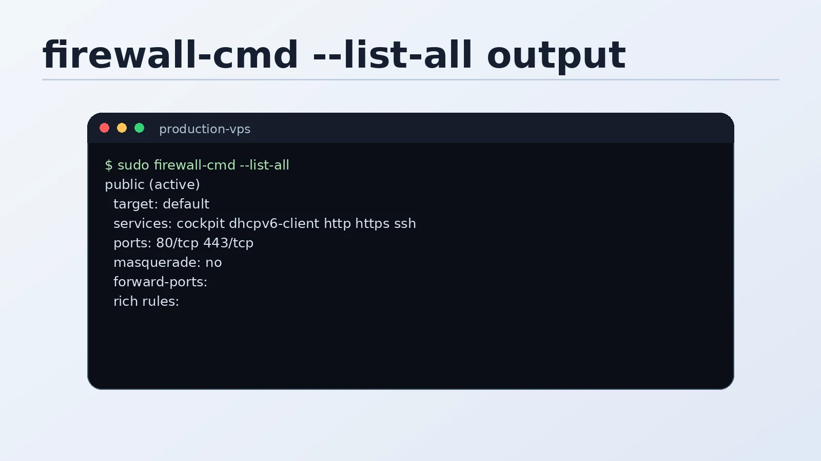 Terminal showing firewall-cmd --list-all output with ssh service removed, custom port 2222 in ports, and http https in services