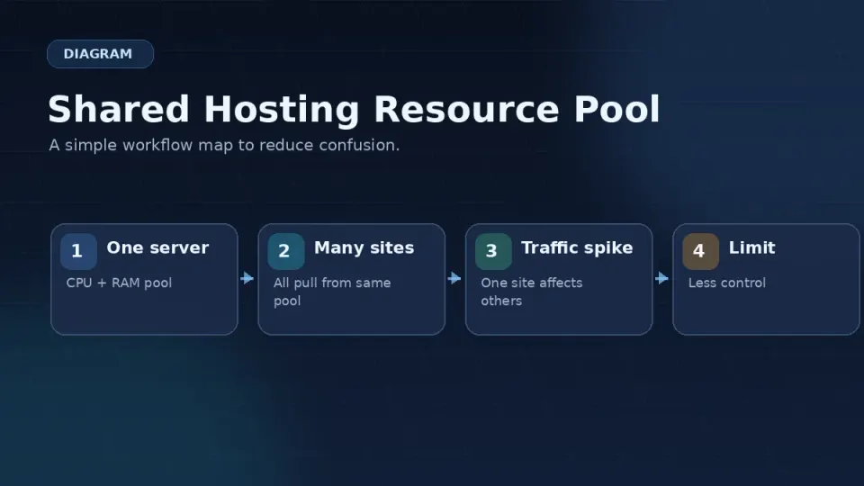 Diagram showing many websites sharing the same CPU and RAM pool on shared hosting
