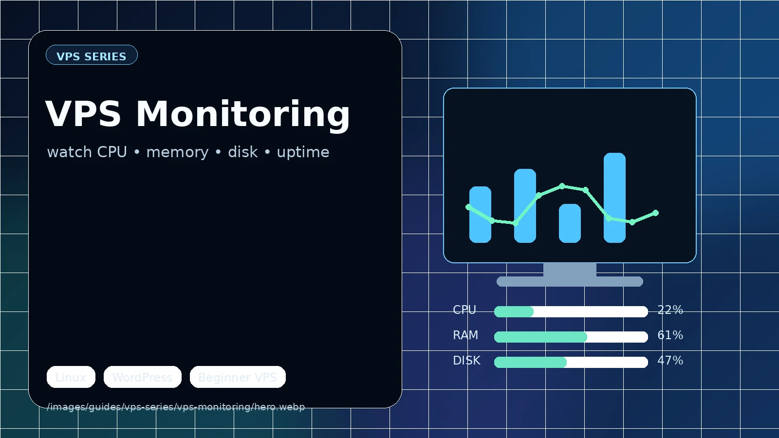 Terminal showing htop, df -h, and free -m output — the three-command server health check