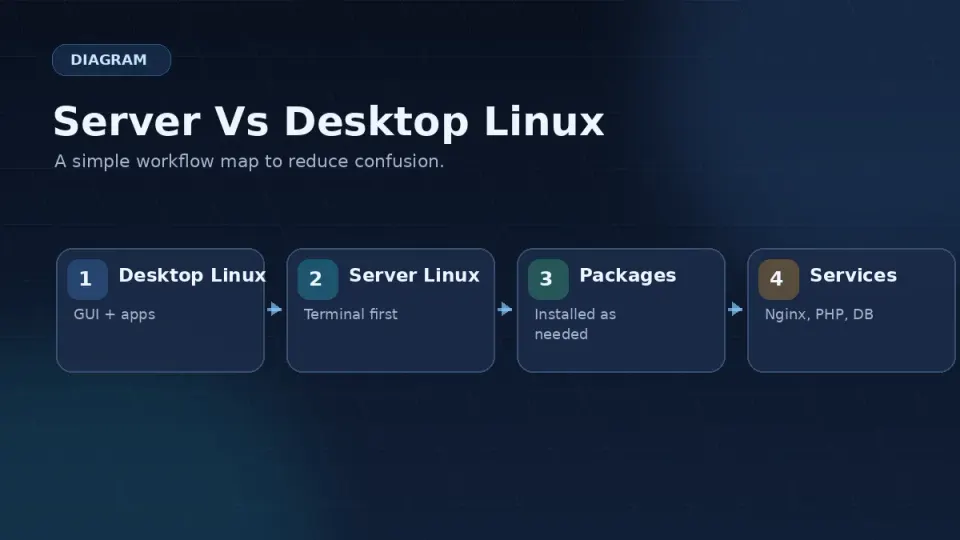 Split diagram: left side shows a Linux desktop with GUI, right side shows a terminal-only server environment