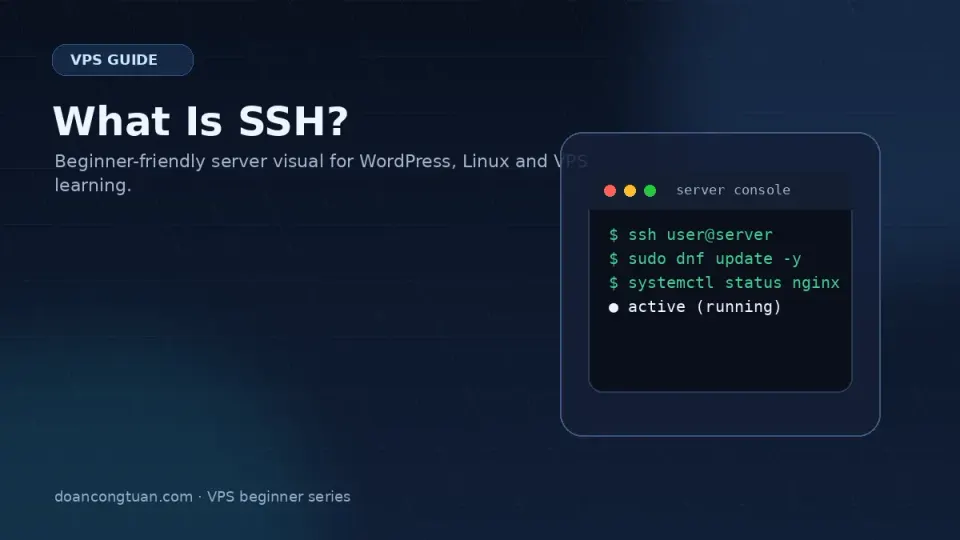 Diagram showing SSH connection: local machine on the left, encrypted tunnel in the middle, VPS server on the right