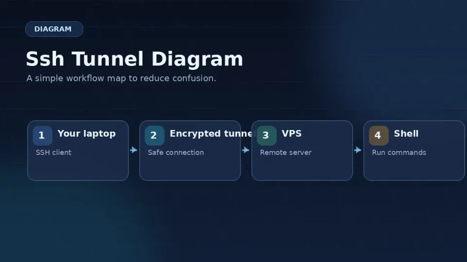 Diagram showing local machine sending commands through an encrypted SSH tunnel to a VPS, with an eavesdropper seeing only scrambled data