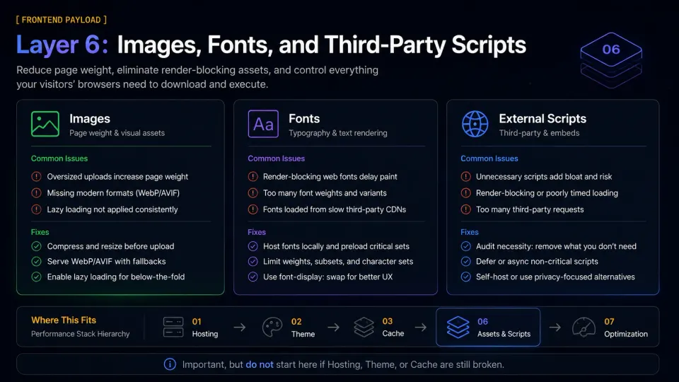 Frontend payload audit diagram showing images, fonts, and third-party scripts as the final WordPress performance layer