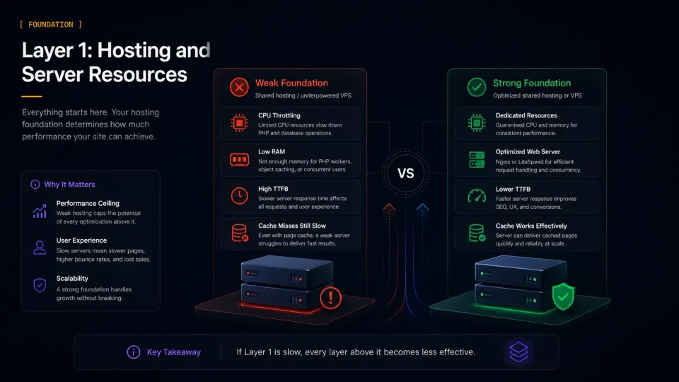 WordPress hosting foundation diagram comparing weak shared hosting with a stronger VPS or optimized shared hosting setup
