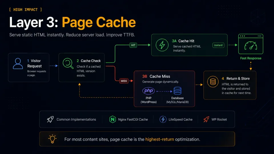 WordPress page cache flow showing visitor requests served from cached HTML or generated dynamically through PHP and the database