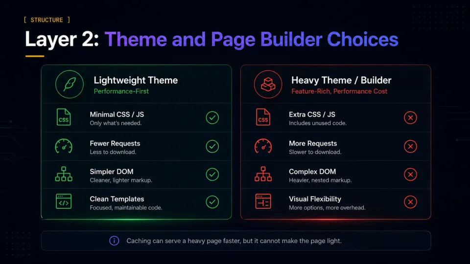 Comparison diagram showing a lightweight WordPress theme versus a heavy page builder theme with more CSS, JavaScript, and DOM weight