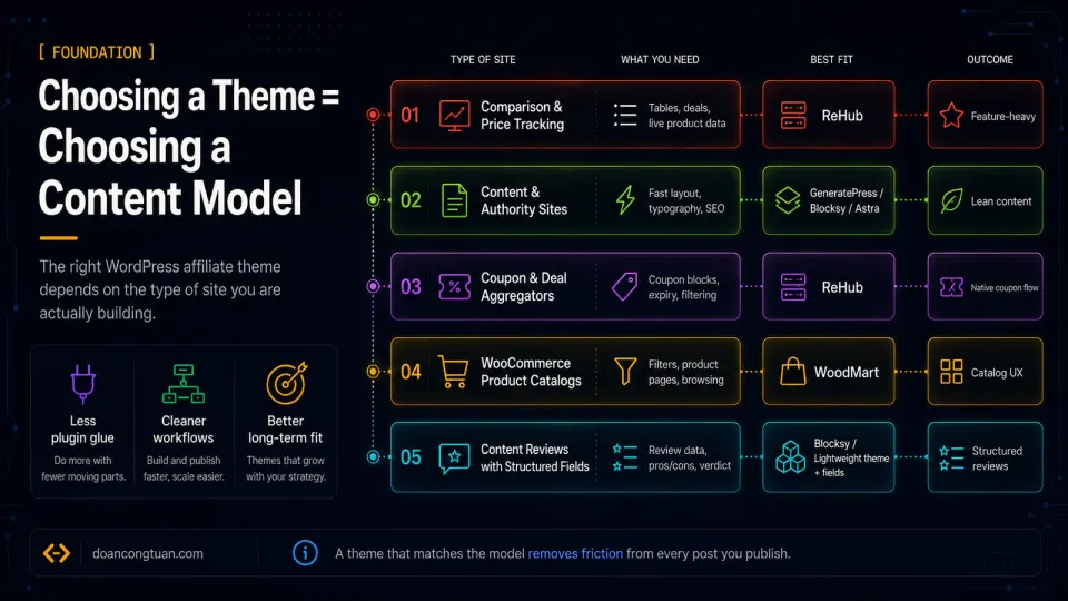 Diagram mapping affiliate site content models to the best WordPress theme fit: ReHub for comparison and coupon sites, GeneratePress or Blocksy for content sites, WoodMart for WooCommerce catalogs, and Blocksy with fields for structured reviews