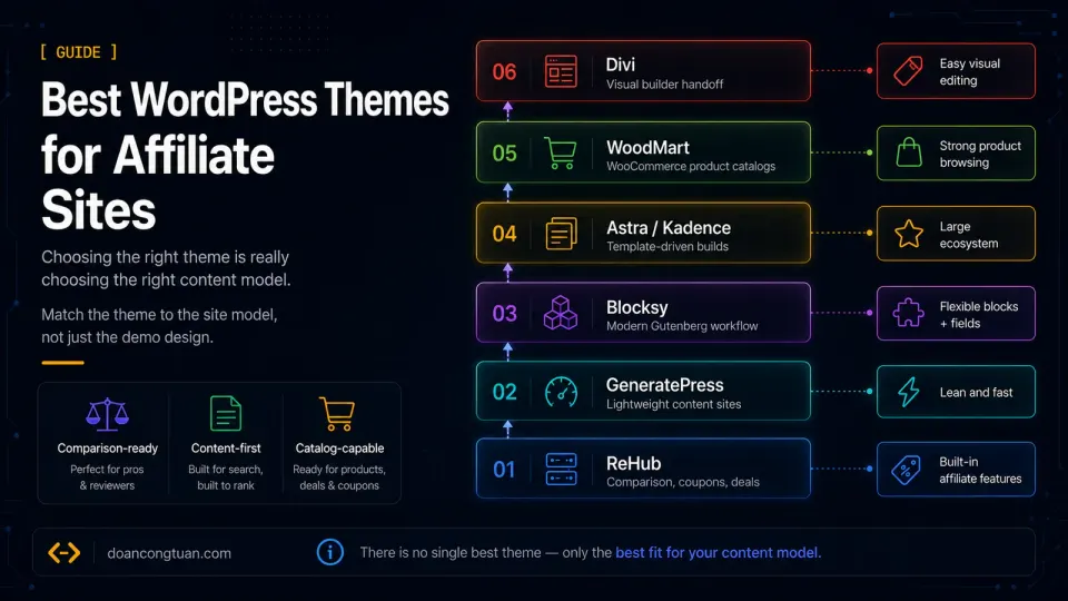 Side-by-side comparison of different WordPress affiliate theme layouts — ReHub comparison table vs GeneratePress clean content layout