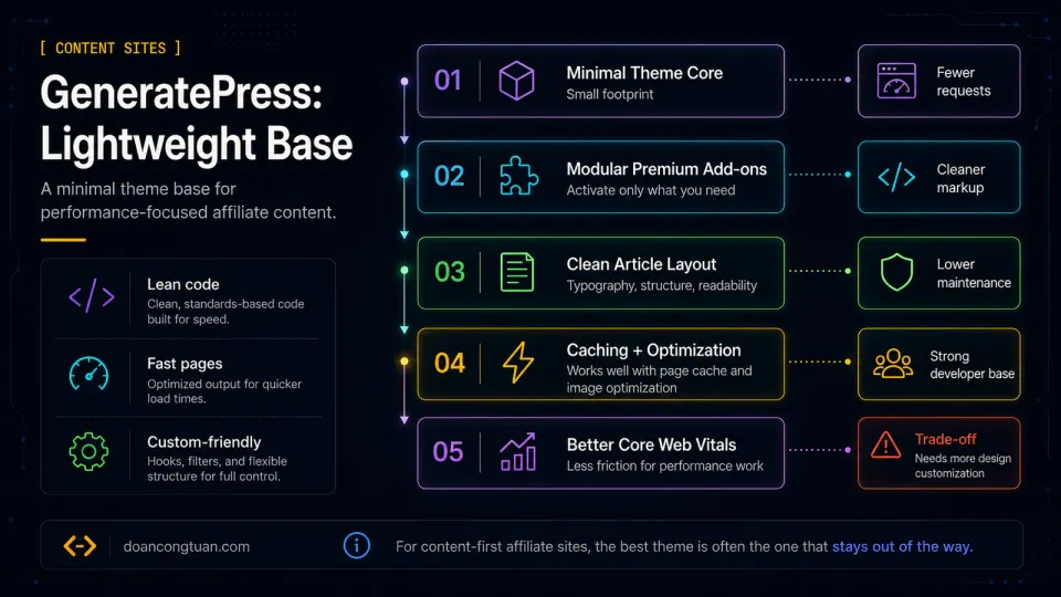 Diagram of GeneratePress as a lightweight WordPress theme base with minimal theme core, modular add-ons, clean article layout, caching and optimization, and better Core Web Vitals