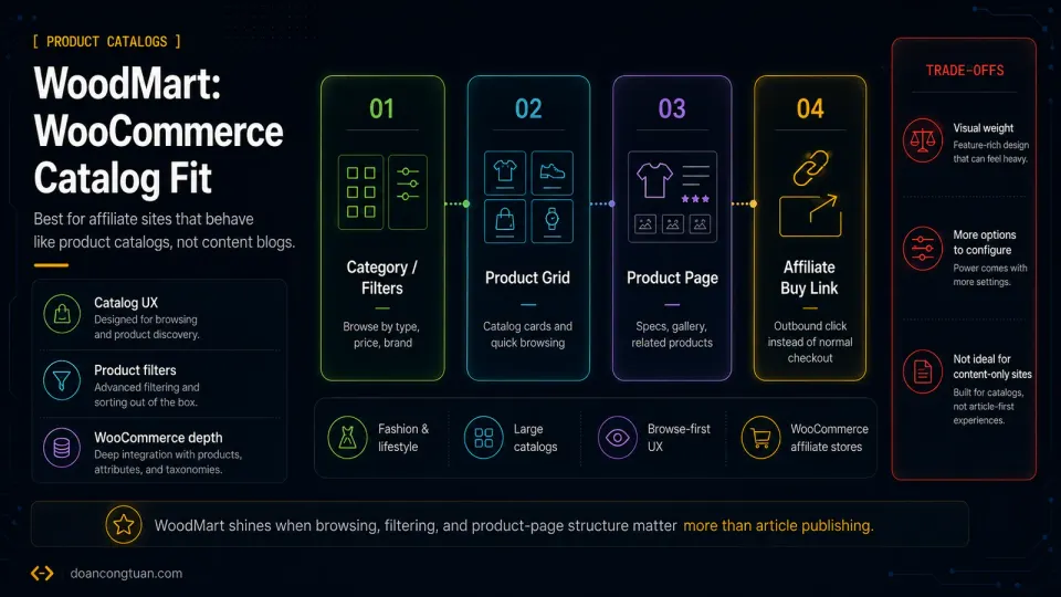 WooCommerce affiliate catalog flow showing category filters, product grid, product detail page, and outbound affiliate buy link instead of normal checkout