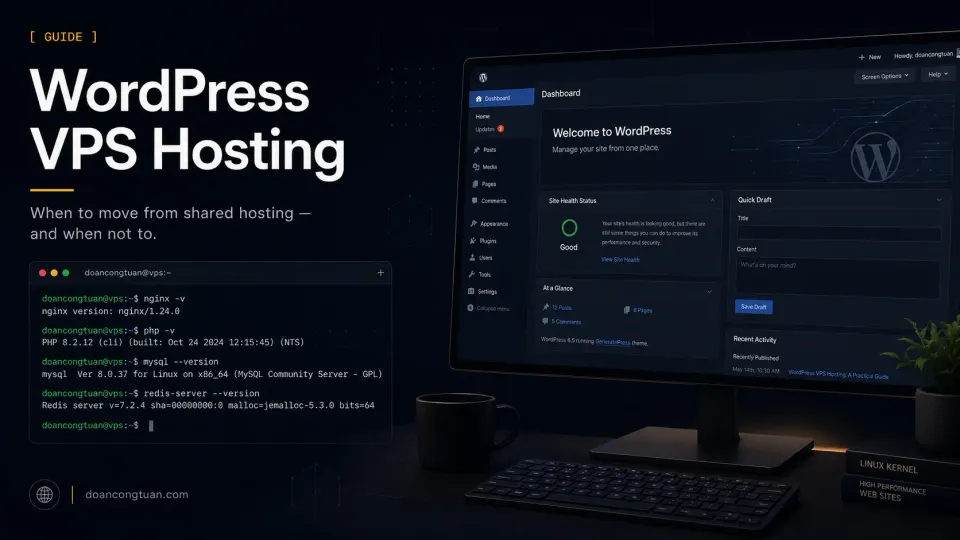 A terminal prompt on a VPS server next to a WordPress dashboard — two different worlds of hosting