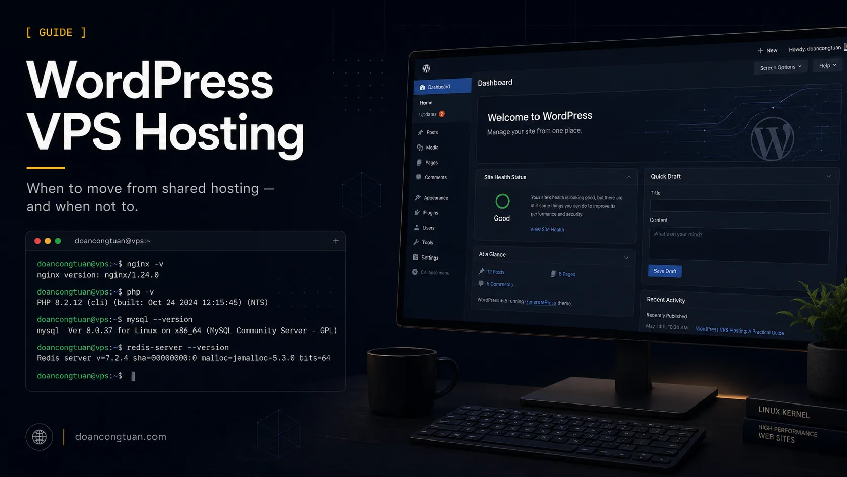 A terminal prompt on a VPS server next to a WordPress dashboard — two different worlds of hosting