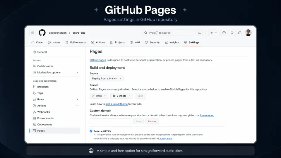 GitHub Pages settings screen for deploying a static Astro site from a GitHub repository