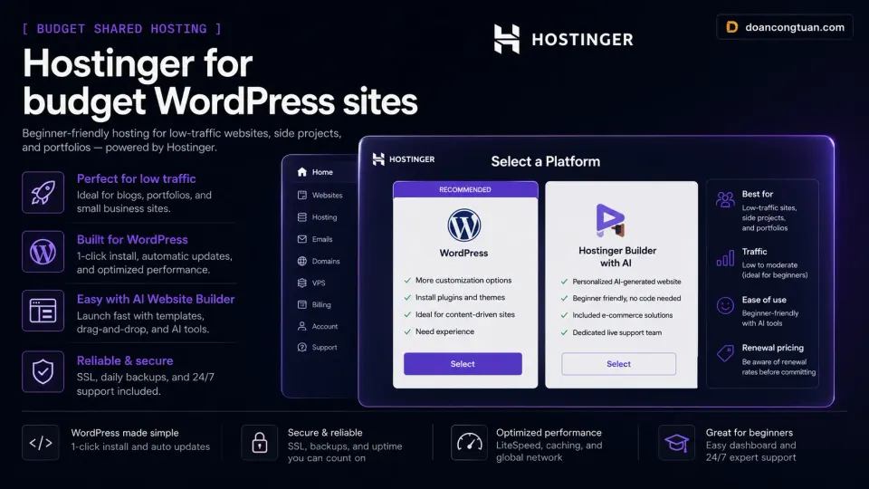 Hostinger budget WordPress hosting visual showing beginner-friendly setup for low-traffic sites