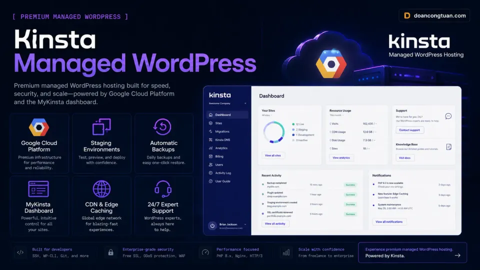 Kinsta premium managed WordPress hosting overview with MyKinsta dashboard and managed infrastructure features