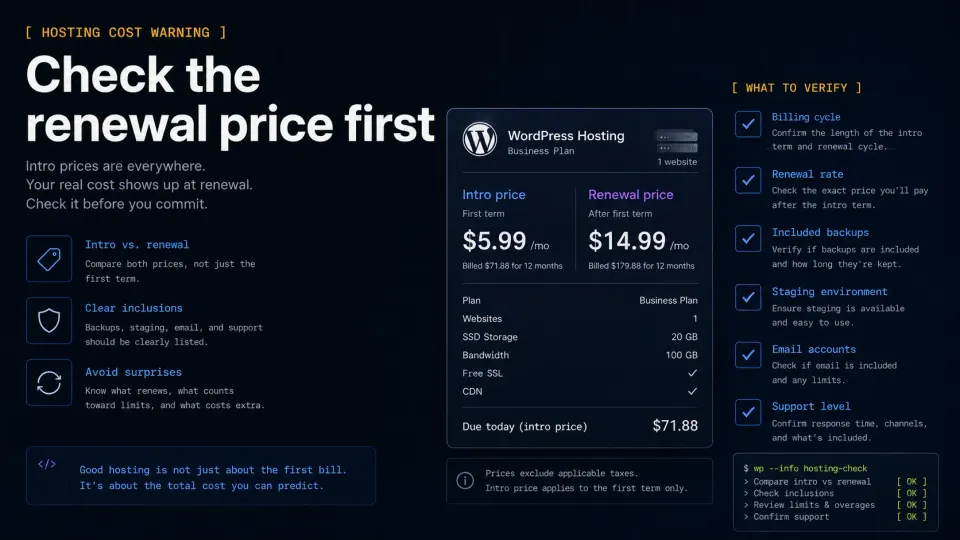 WordPress hosting cost warning showing intro pricing versus renewal pricing