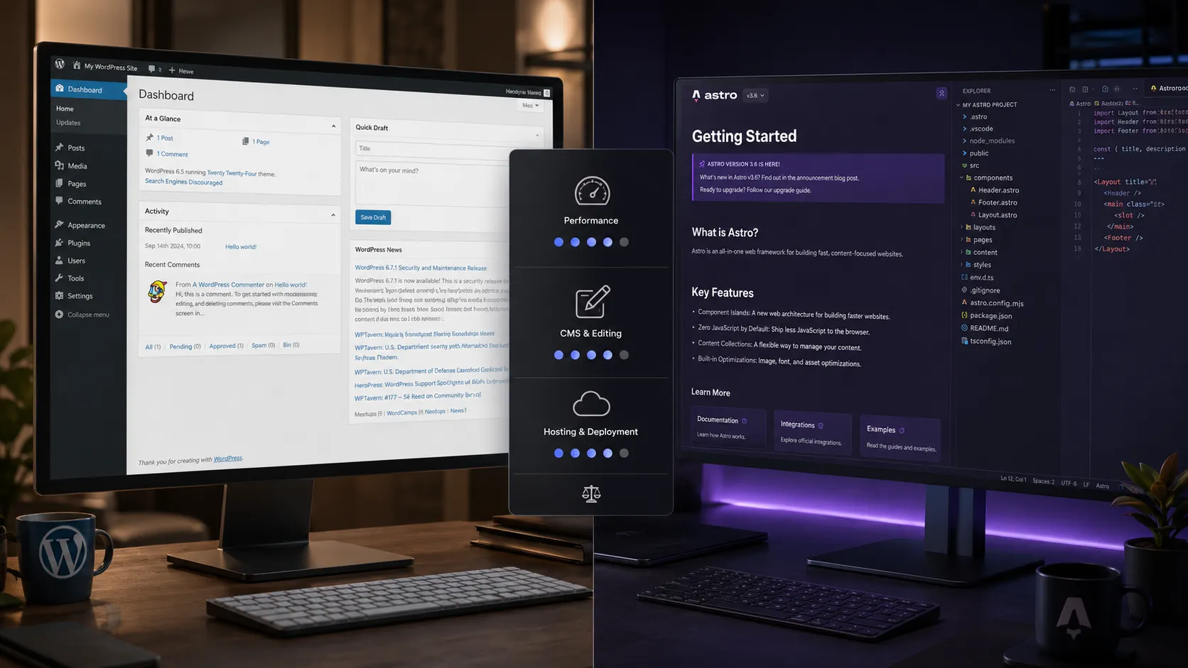 WordPress dashboard on one screen, Astro code editor on another