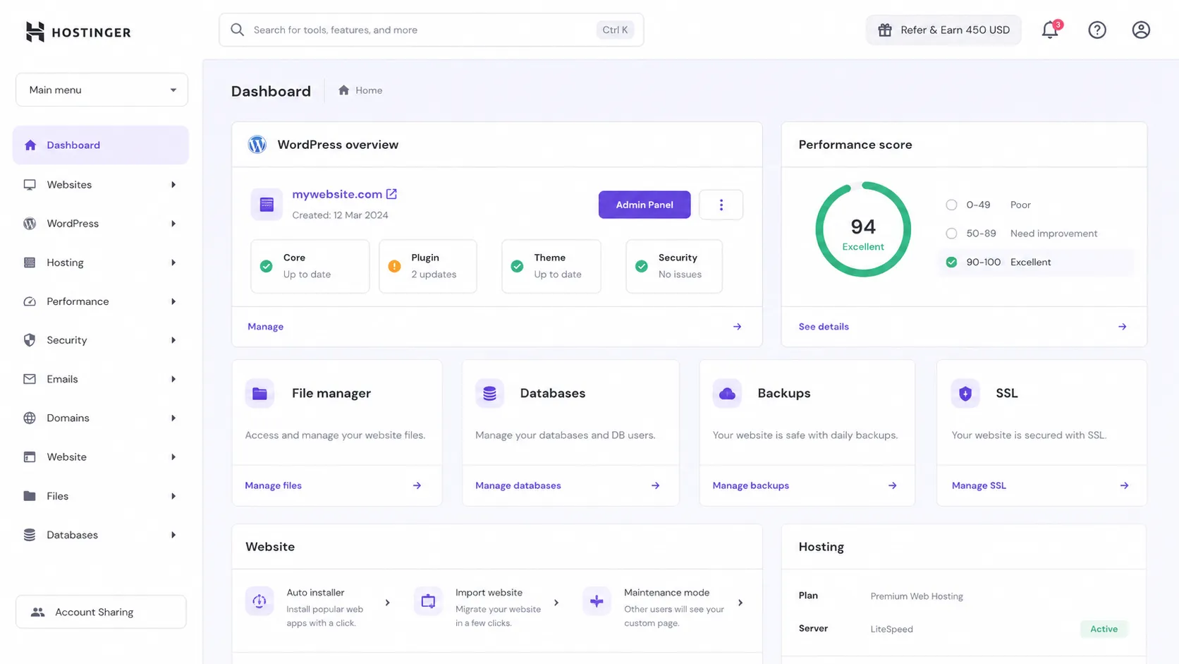 Hostinger hPanel dashboard showing WordPress management and performance tools
