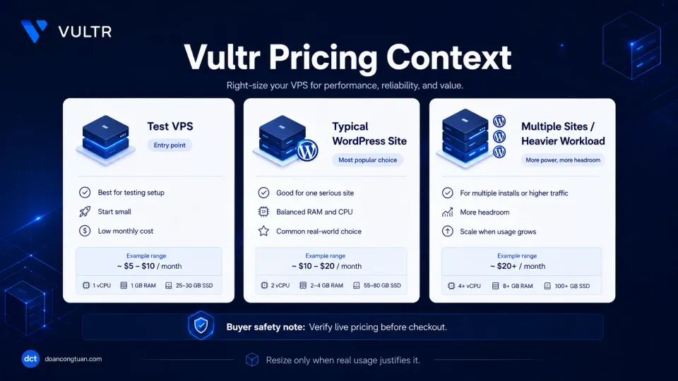 Vultr pricing context diagram showing test VPS, typical WordPress VPS, and heavier multi-site workloads