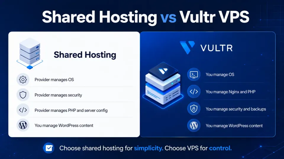 Diagram comparing responsibilities on shared hosting versus Vultr VPS — what the provider handles versus what you manage