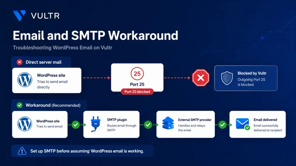 Diagram showing WordPress email failing through port 25 on Vultr, with the SMTP plugin route working correctly via an external mail service