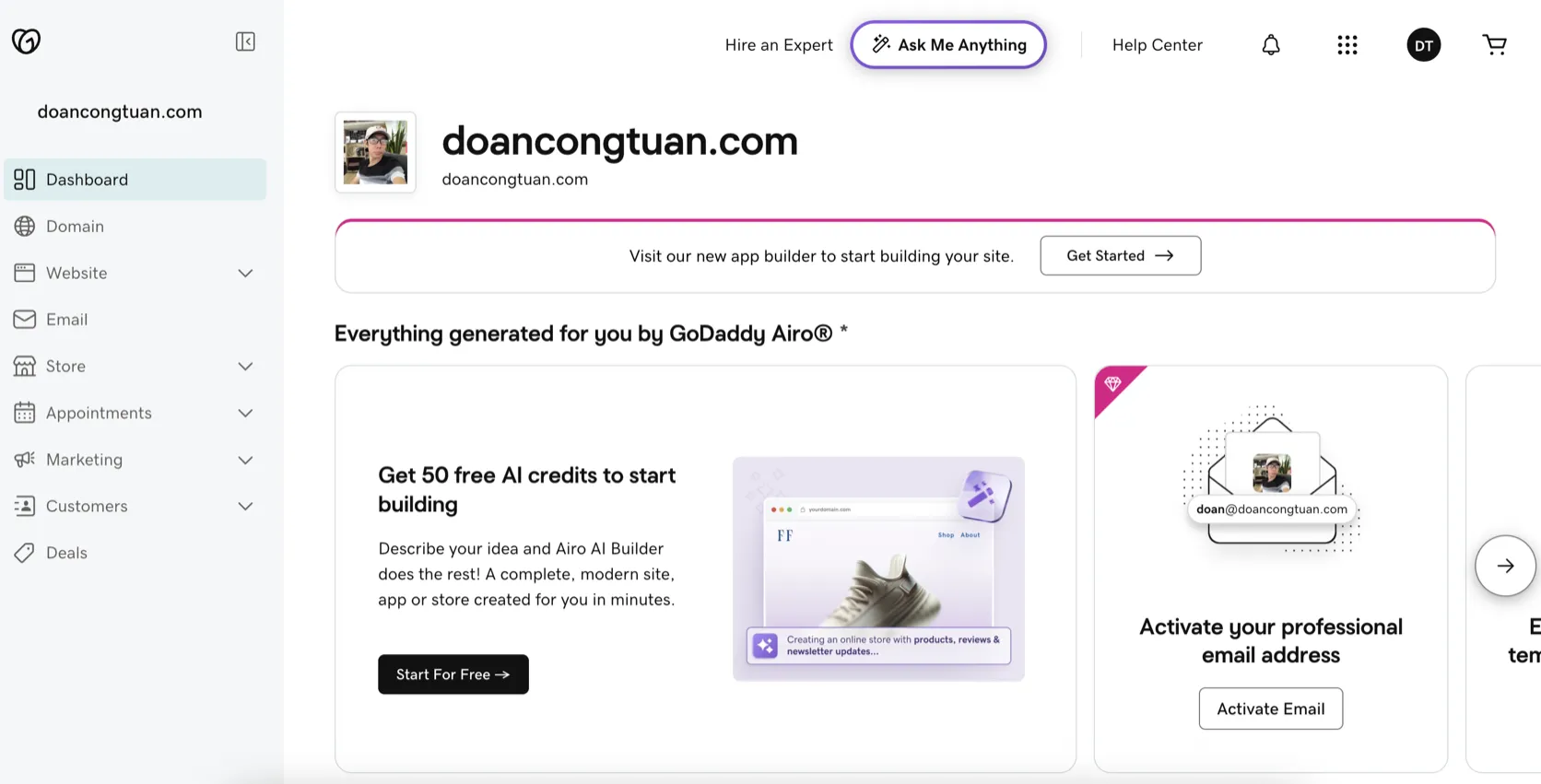 GoDaddy dashboard — actual interface screenshot