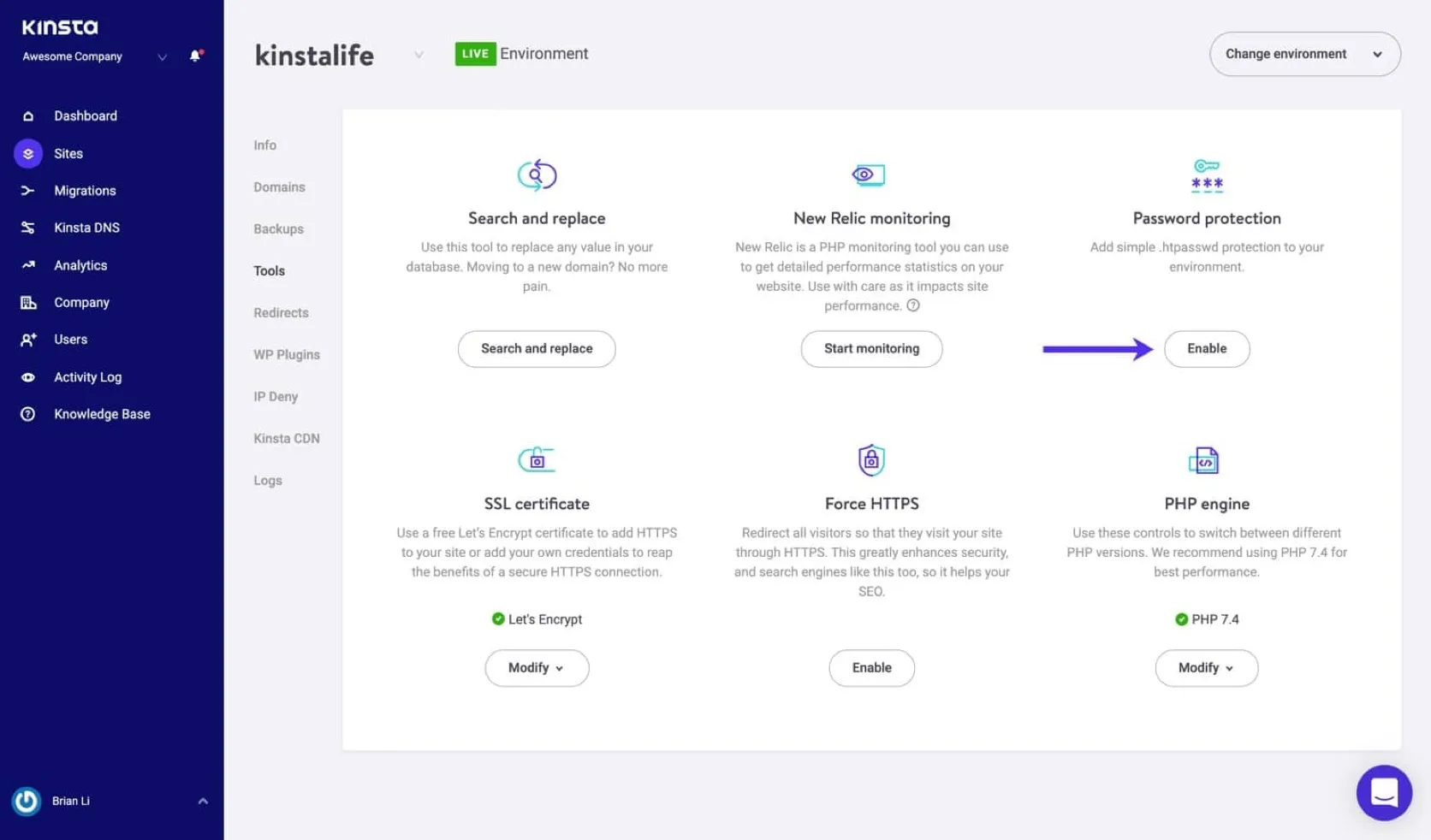 Kinsta dashboard — actual interface screenshot